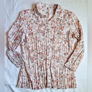 Como Womens Red And Pink Floral Pleated Button Up Collared Blouse Size Medium